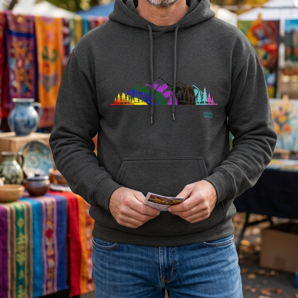 Man wearing a Dark Grey Heather hoodie with a multicolored Pride mountain and evergreen tree graphic at an outdoor arts market, front view.