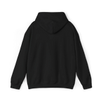 Black pullover hoodie with a plain back, hood and ribbed cuffs and hem, rear view.