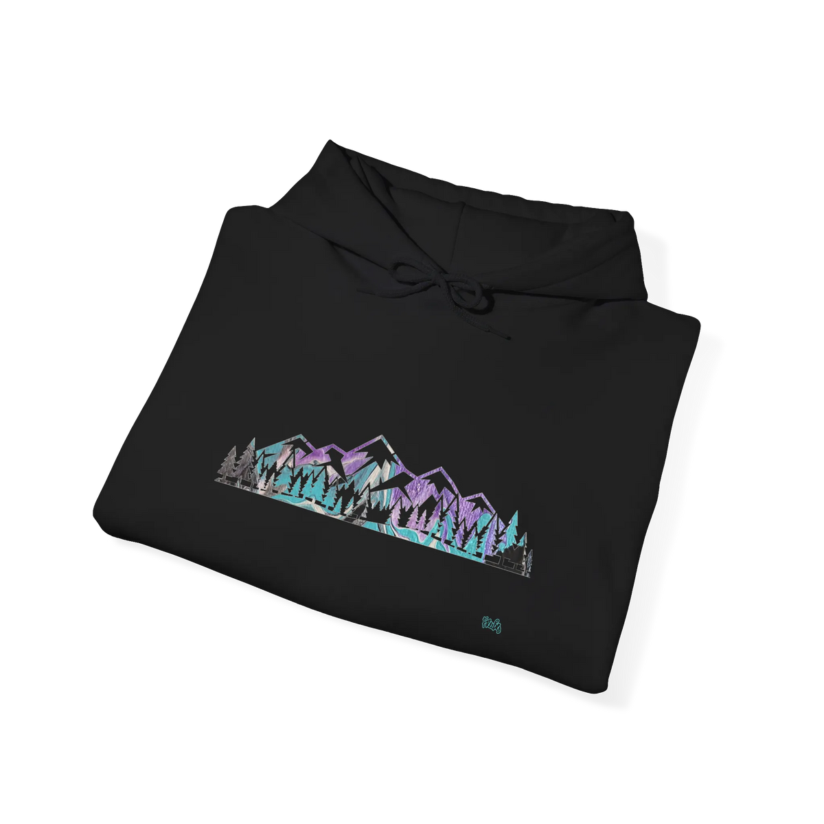 Folded black pullover hoodie showing a purple, turquoise and gray mountain and evergreen tree graphic, with the hood and drawstrings visible.