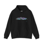 Black pullover hoodie with a purple, turquoise and gray mountain and evergreen tree graphic across the chest, front view.