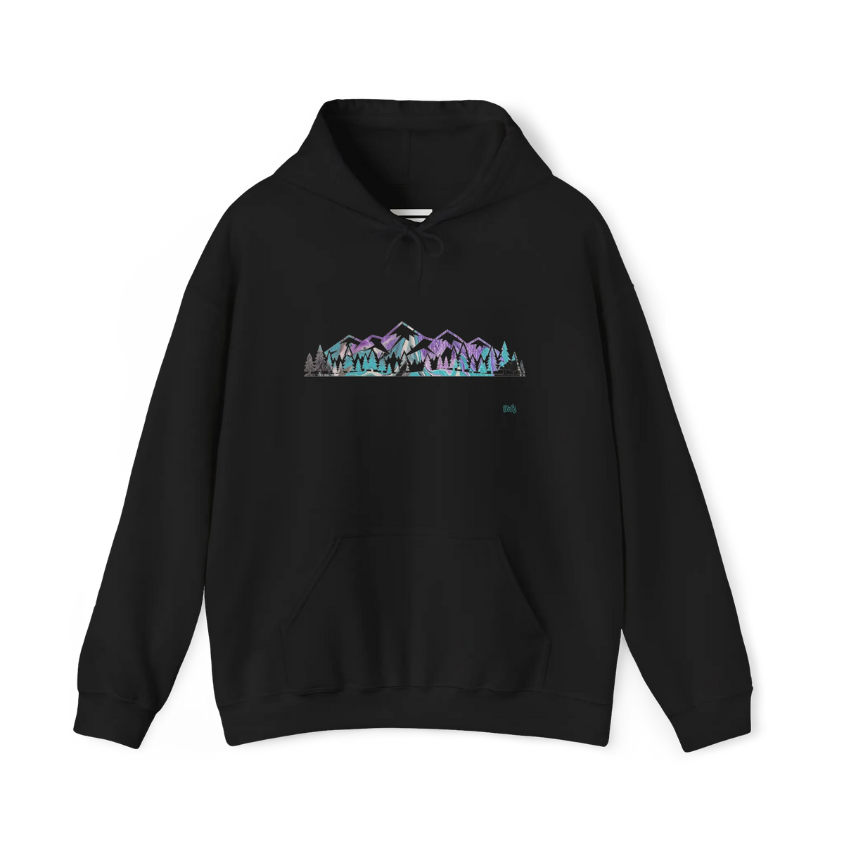 Black pullover hoodie with a purple, turquoise and gray mountain and evergreen tree graphic across the chest, front view.