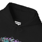 Close-up of a black hoodie neckline showing a white inner-neck logo, black drawstrings and part of the mountain graphic.
