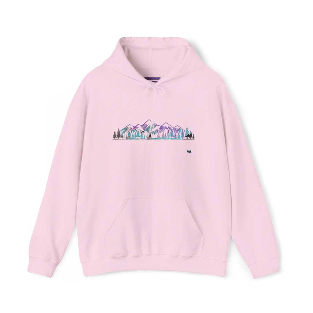 Light Pink pullover hoodie with a purple, turquoise and gray mountain and evergreen tree graphic across the chest, front view.