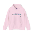 Light Pink pullover hoodie with a purple, turquoise and gray mountain and evergreen tree graphic across the chest, front view.