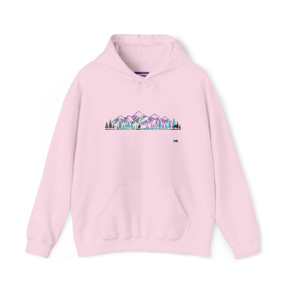 Light Pink pullover hoodie with a purple, turquoise and gray mountain and evergreen tree graphic across the chest, front view.