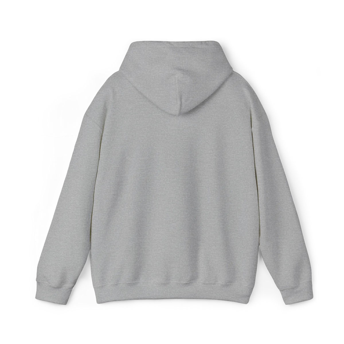 Sport grey pullover hoodie with a plain back, hood and ribbed cuffs and hem, rear view.