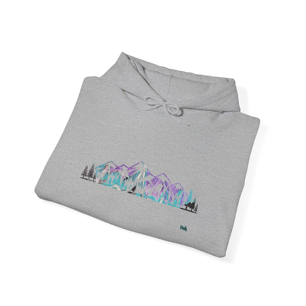 Folded sport grey pullover hoodie showing a purple, turquoise and gray mountain and evergreen tree graphic, with the hood and drawstrings visible.