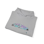 Folded sport grey pullover hoodie showing a purple, turquoise and gray mountain and evergreen tree graphic, with the hood and drawstrings visible.