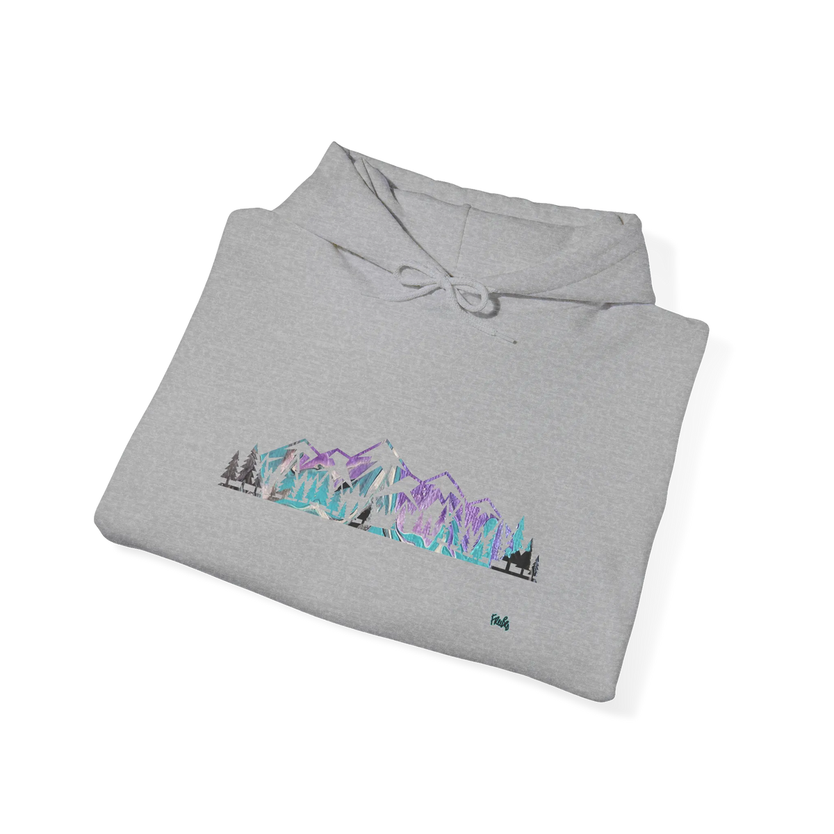 Folded sport grey pullover hoodie showing a purple, turquoise and gray mountain and evergreen tree graphic, with the hood and drawstrings visible.