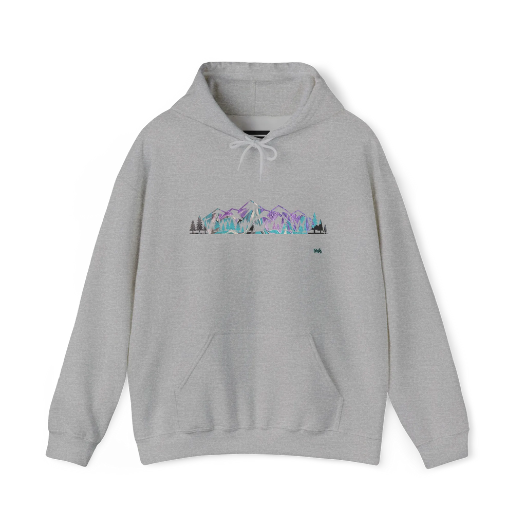 Sport Grey pullover hoodie with a purple, turquoise and gray mountain and evergreen tree graphic across the chest, front view.