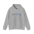 Sport Grey pullover hoodie with a purple, turquoise and gray mountain and evergreen tree graphic across the chest, front view.