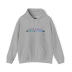 Sport Grey pullover hoodie with a purple, turquoise and gray mountain and evergreen tree graphic across the chest, front view.