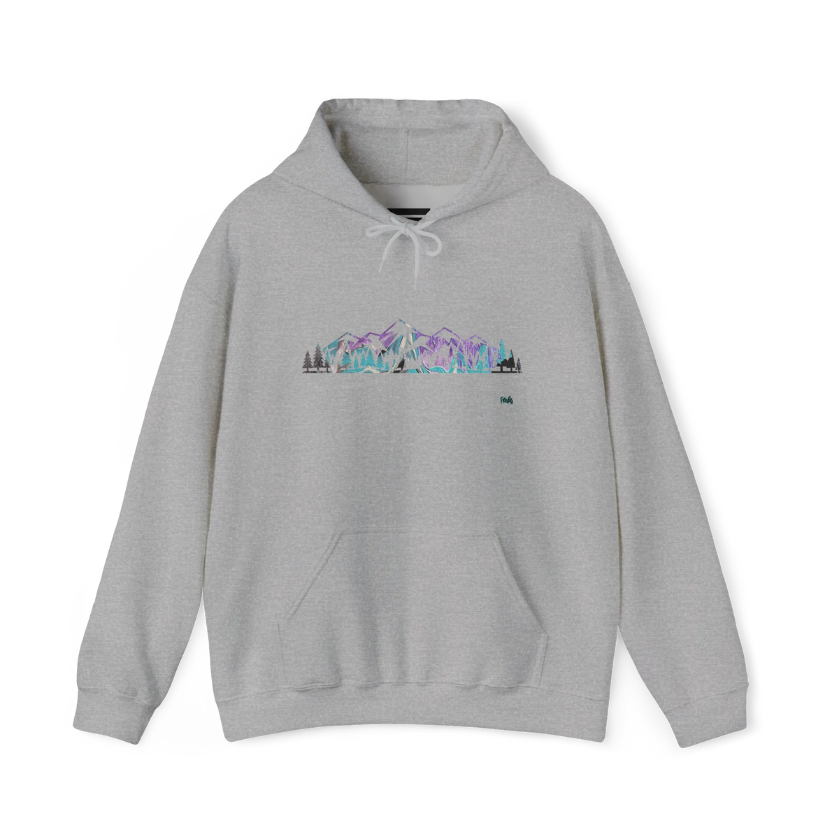 Sport Grey pullover hoodie with a purple, turquoise and gray mountain and evergreen tree graphic across the chest, front view.