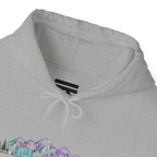 Close-up of a sport grey hoodie neckline showing a black inner-neck logo, light gray drawstrings and part of the mountain graphic.