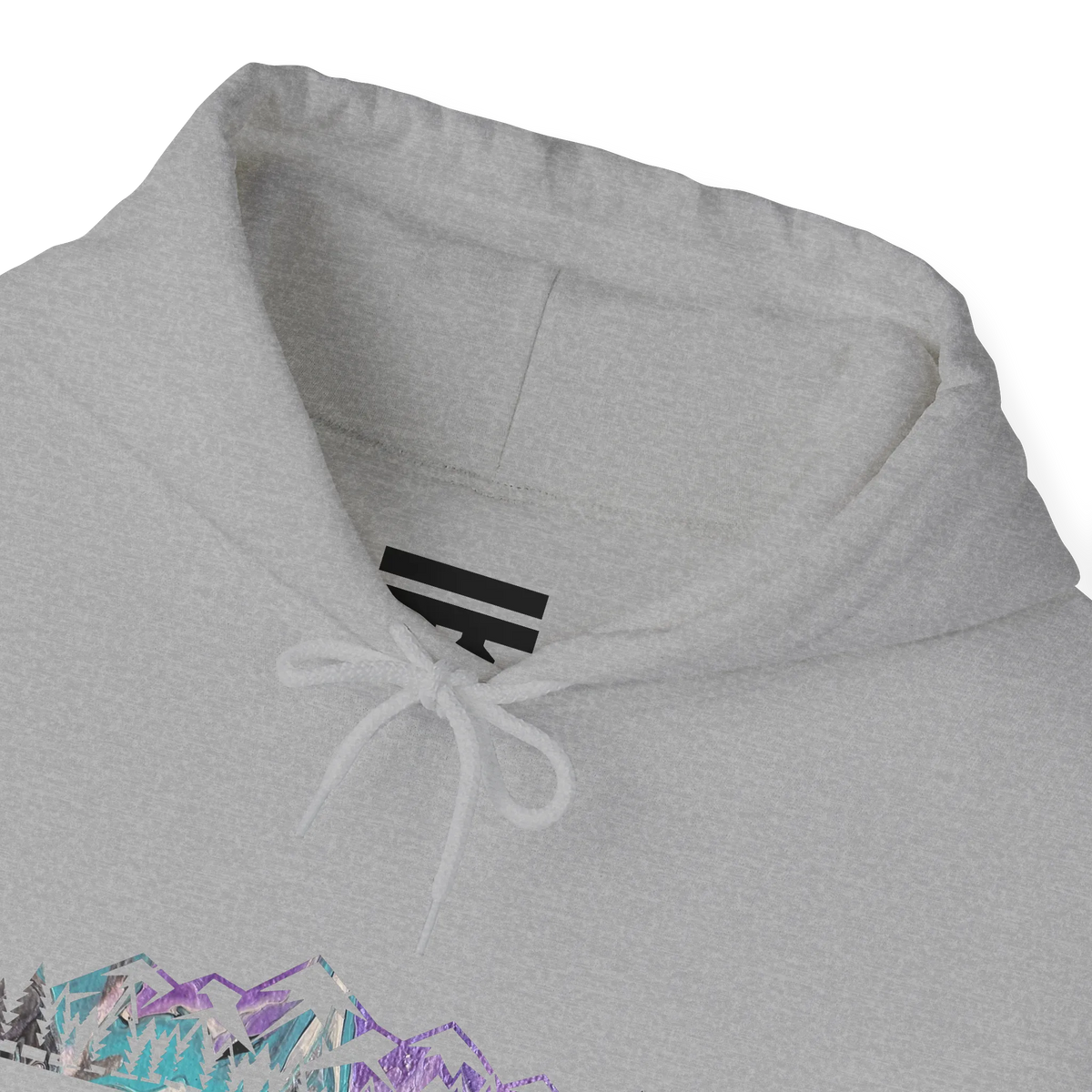 Close-up of a sport grey hoodie neckline showing a black inner-neck logo, light gray drawstrings and part of the mountain graphic.