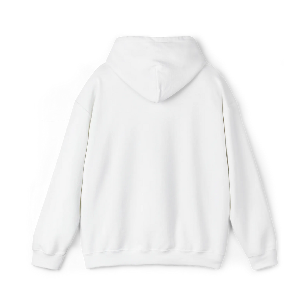 White pullover hoodie with a plain back, hood and ribbed cuffs and hem, rear view.