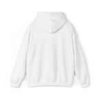 White pullover hoodie with a plain back, hood and ribbed cuffs and hem, rear view.