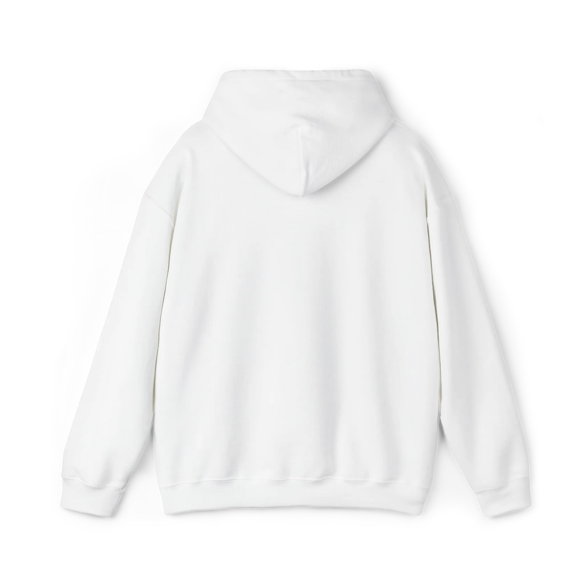 White pullover hoodie with a plain back, hood and ribbed cuffs and hem, rear view.
