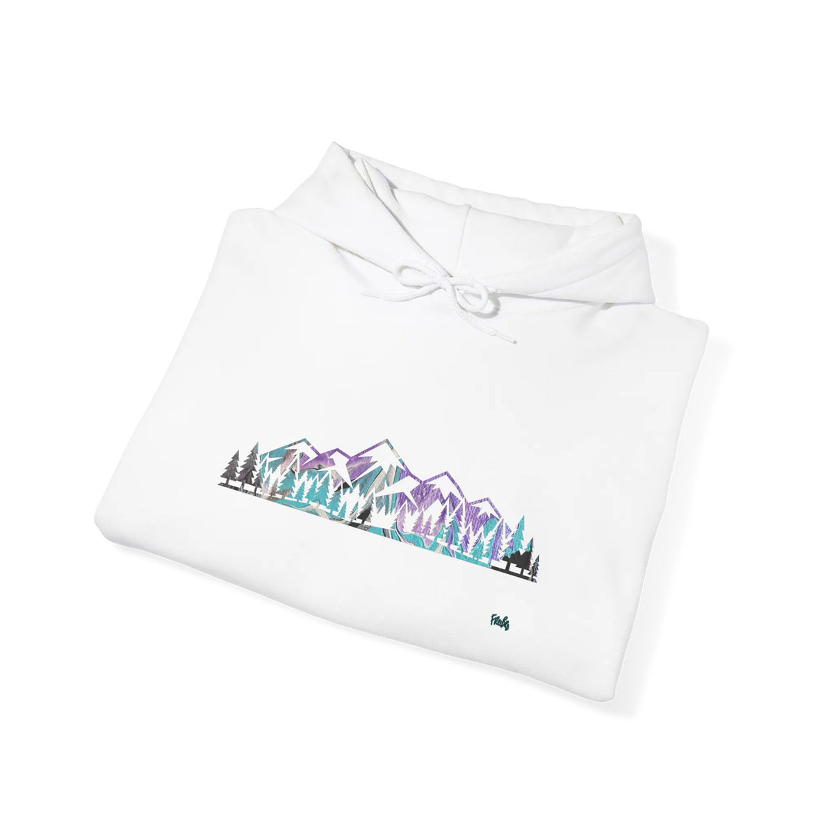Folded white pullover hoodie showing a purple, turquoise and gray mountain and evergreen tree graphic, with the hood and drawstrings visible.