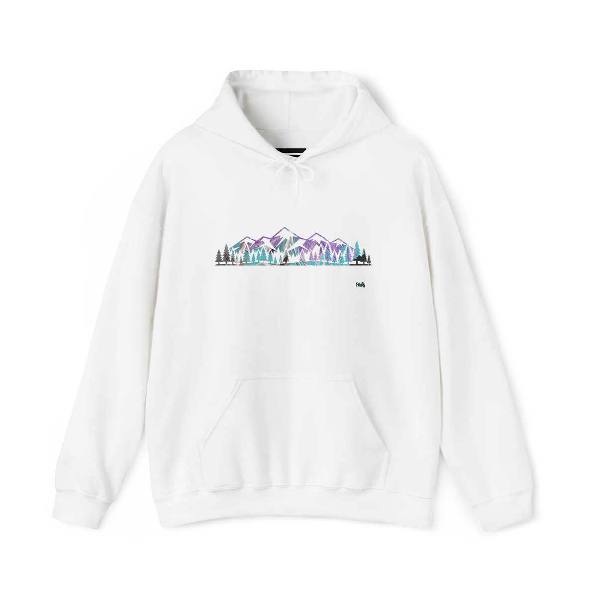 White pullover hoodie with a purple, turquoise and gray mountain and evergreen tree graphic across the chest, front view.