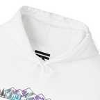 Close-up of a white hoodie neckline showing a black inner-neck logo, white drawstrings and part of the mountain graphic.