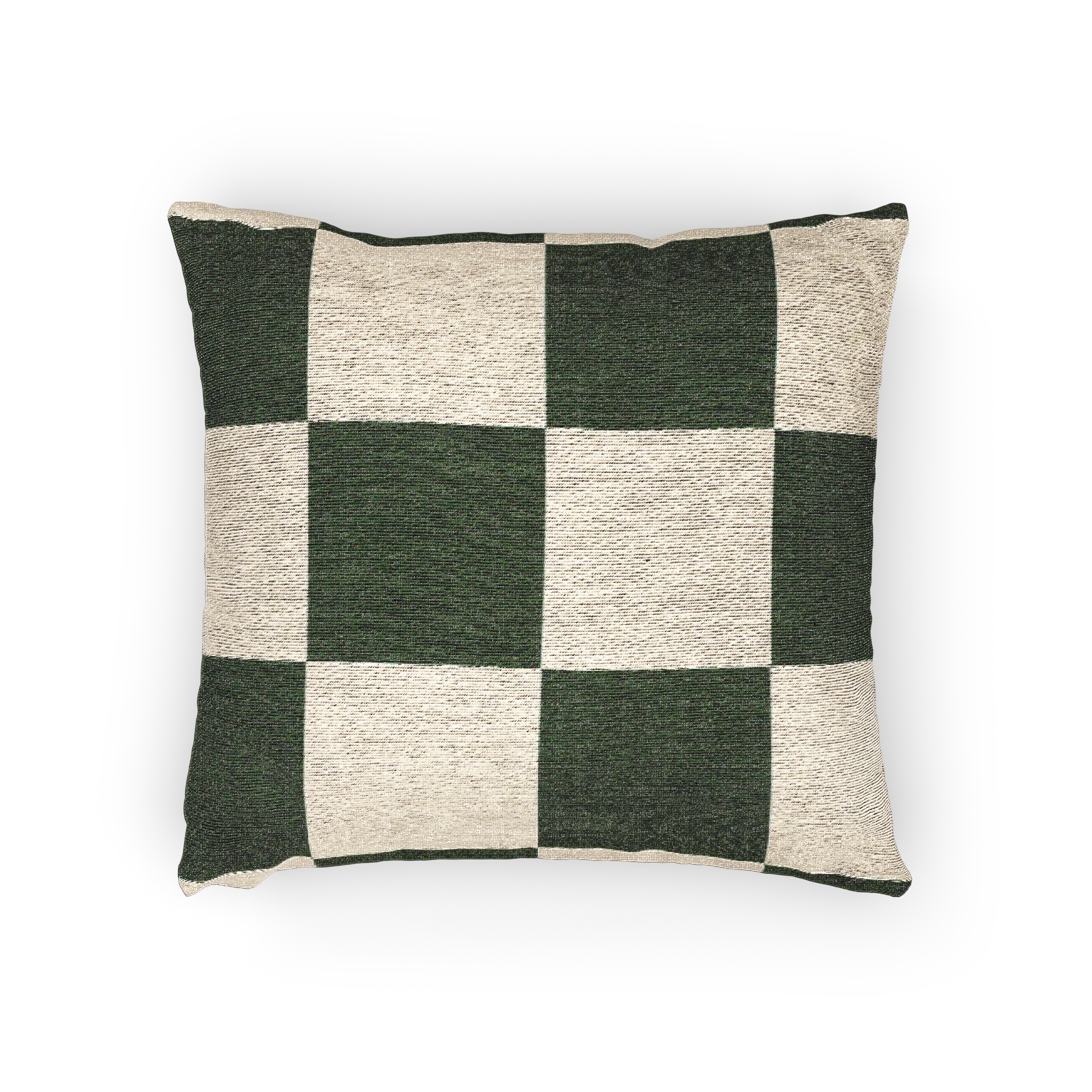A horizontal preview of the Mughal Green & Cream Checkered Woven Pillow, showing a Mughal green checker pattern on an oatmeal cream colored background. 