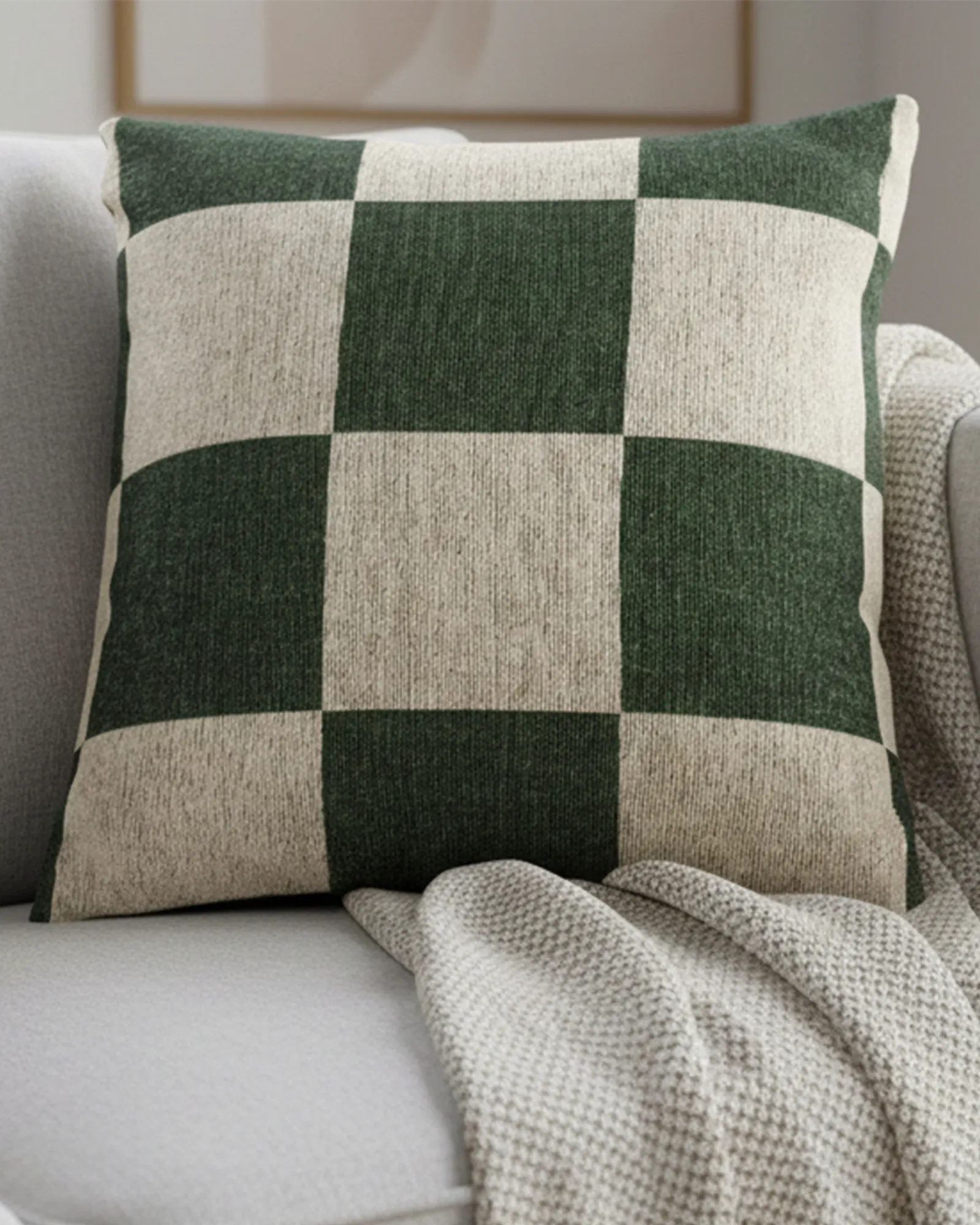 A preview of the Mughal Green & Cream Checkered Woven Pillow, showing a Mughal green checker pattern on an oatmeal cream colored background on a light grey couch.