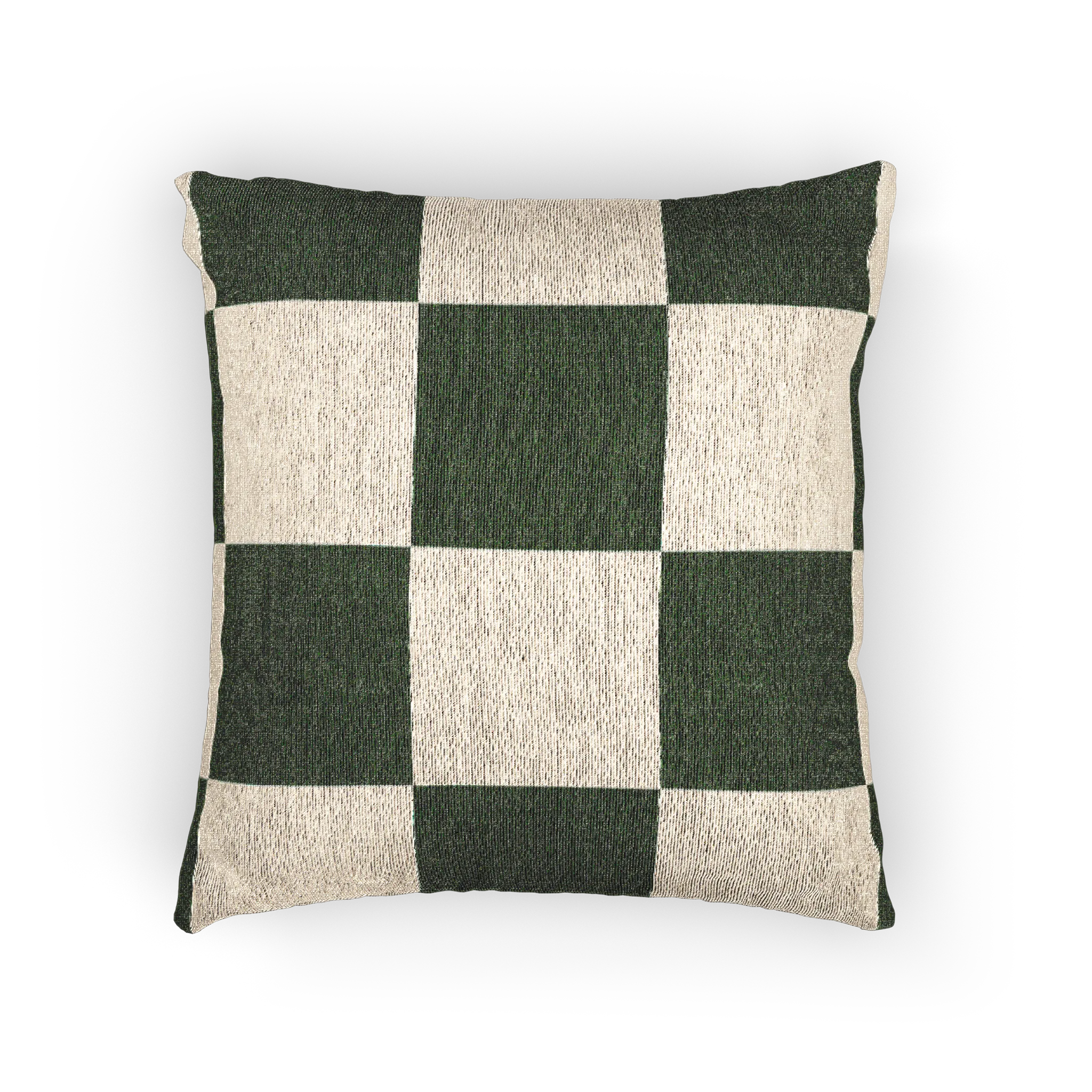A front preview of the Mughal Green & Cream Checkered Woven Pillow, showing a Mughal green checker pattern on an oatmeal cream colored background. 