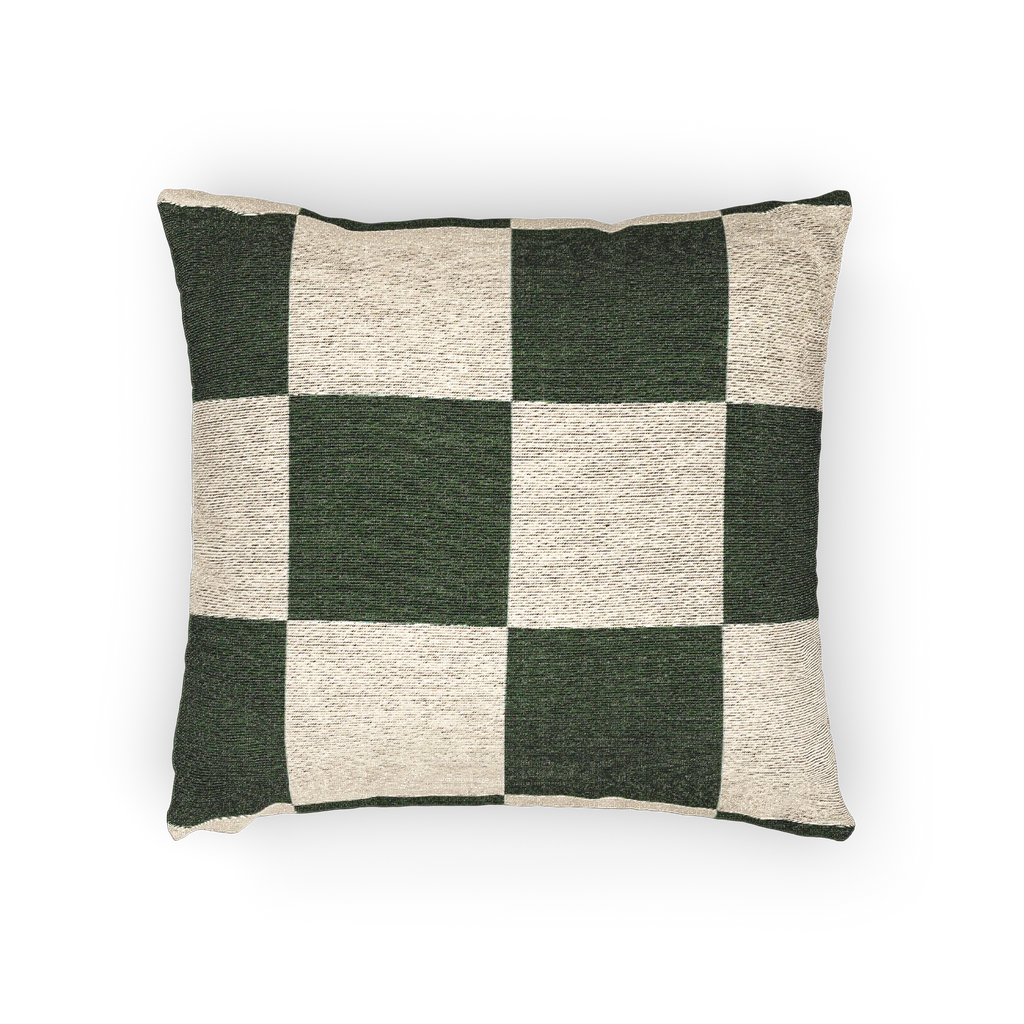 A horizontal view of the Mughal Green & Cream Checkered Woven Pillow, showing a Mughal green checker pattern on an oatmeal cream colored background. 