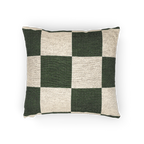 A horizontal view of the Mughal Green & Cream Checkered Woven Pillow, showing a Mughal green checker pattern on an oatmeal cream colored background. 
