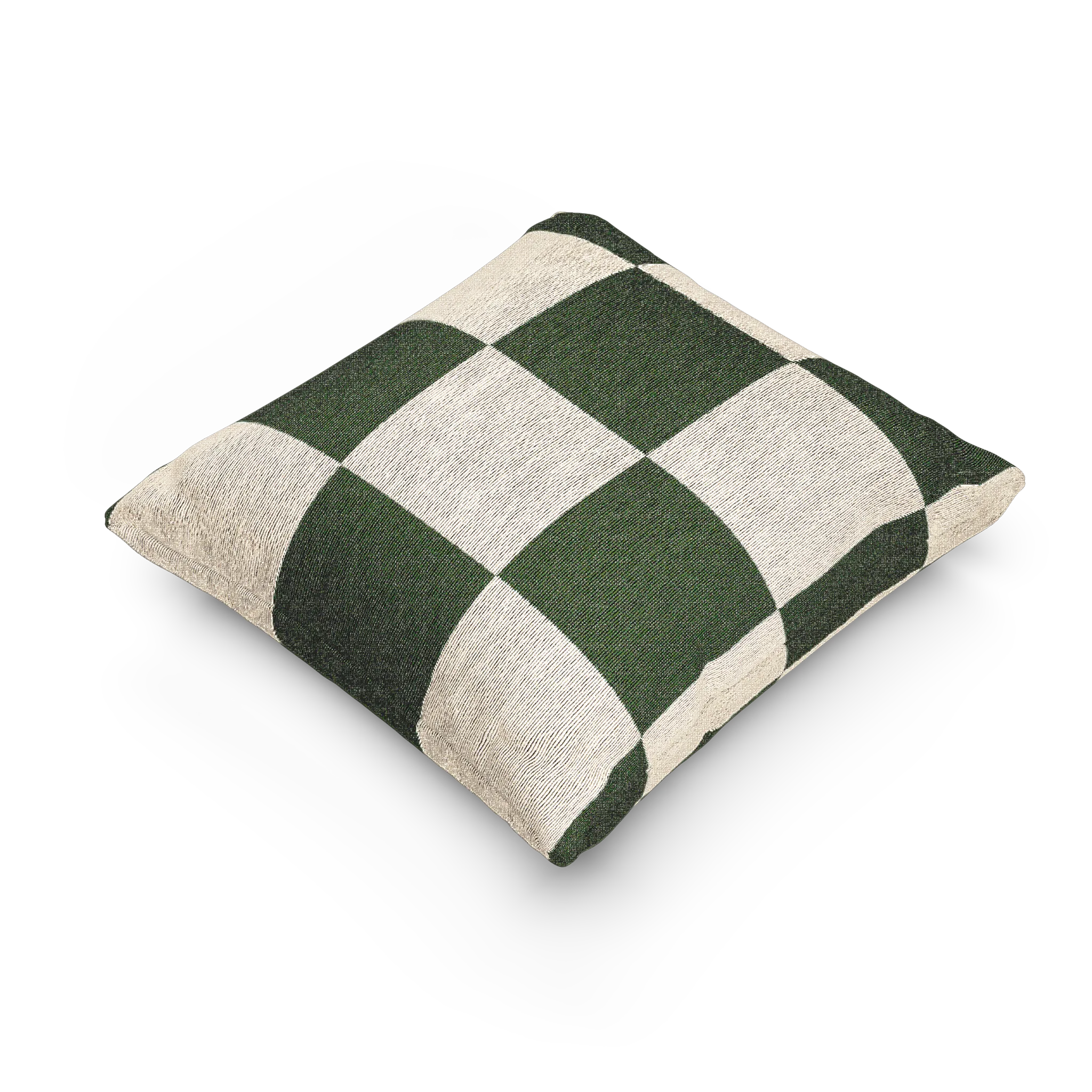A side preview of the Mughal Green & Cream Checkered Woven Pillow, showing a Mughal green checker pattern on an oatmeal cream colored background. 