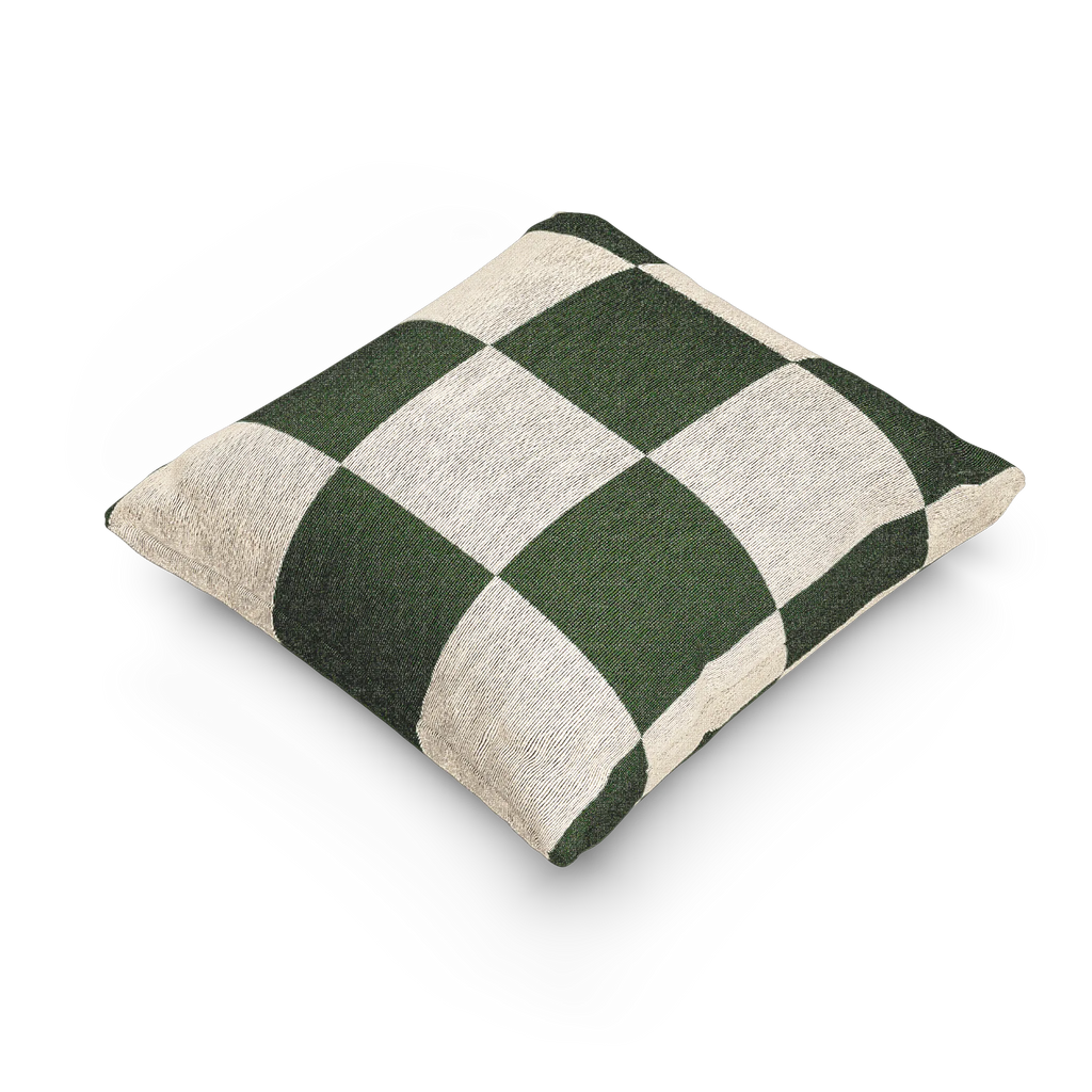 A side view of the Mughal Green & Cream Checkered Woven Pillow, showing a Mughal green checker pattern on an oatmeal cream colored background. 