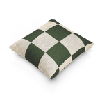 A side view of the Mughal Green & Cream Checkered Woven Pillow, showing a Mughal green checker pattern on an oatmeal cream colored background. 