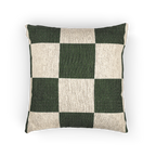 A front view of the Mughal Green & Cream Checkered Woven Pillow, showing a Mughal green checker pattern on an oatmeal cream colored background. 