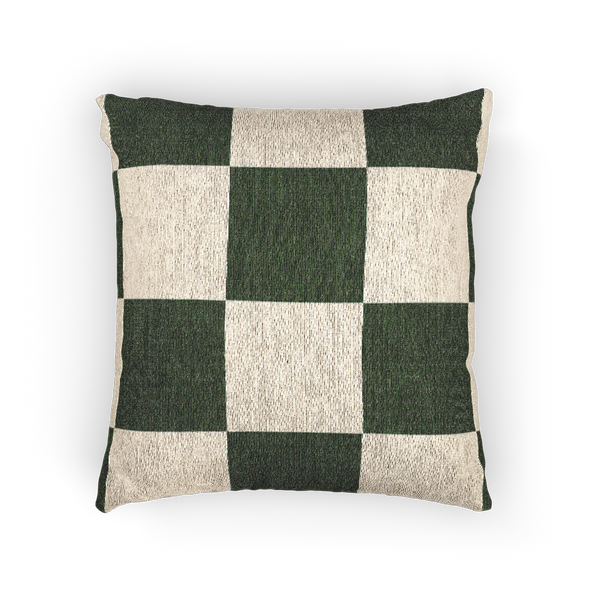A front view of the Mughal Green & Cream Checkered Woven Pillow, showing a Mughal green checker pattern on an oatmeal cream colored background. 