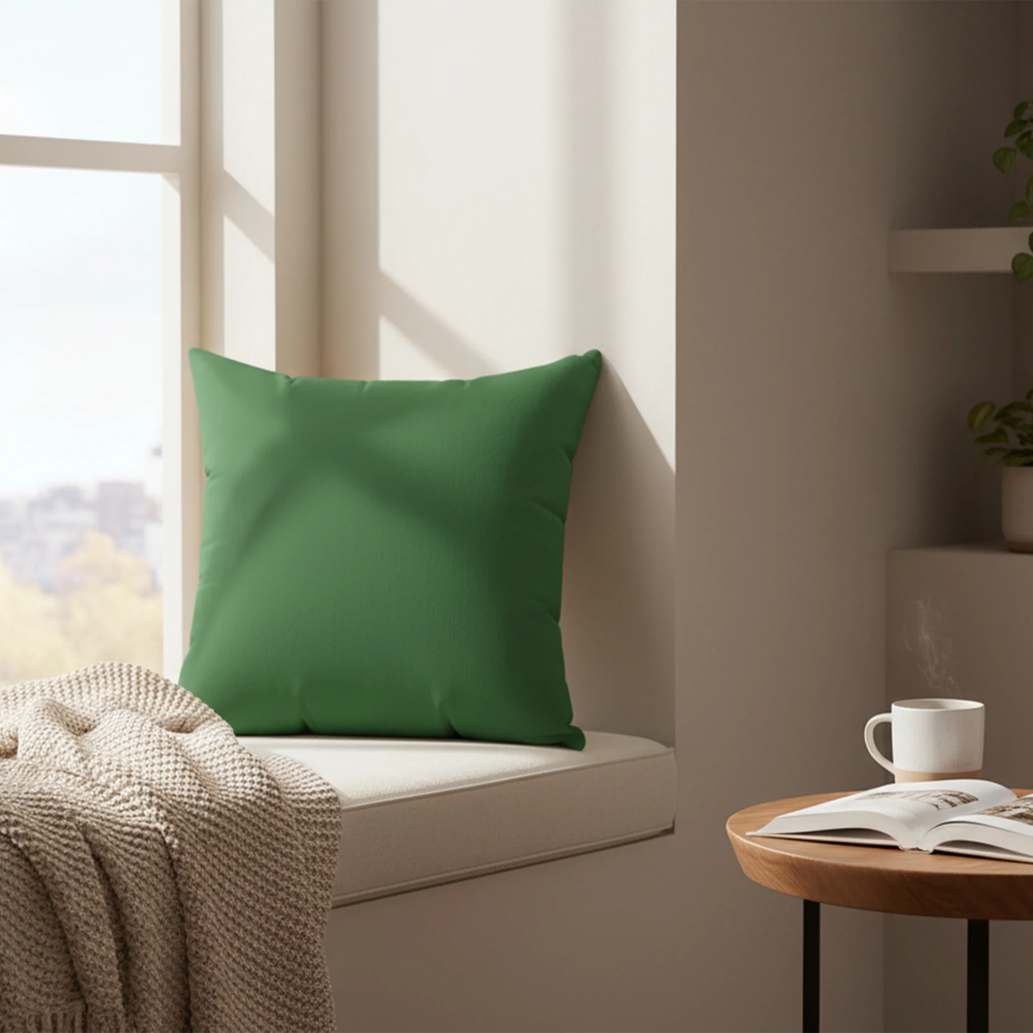 Mughal green faux suede pillow styled in a reading nook, rich dark green home decor.