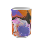 White mug with orange, purple, pink, cream, and black abstract artwork, front view with handle hidden.