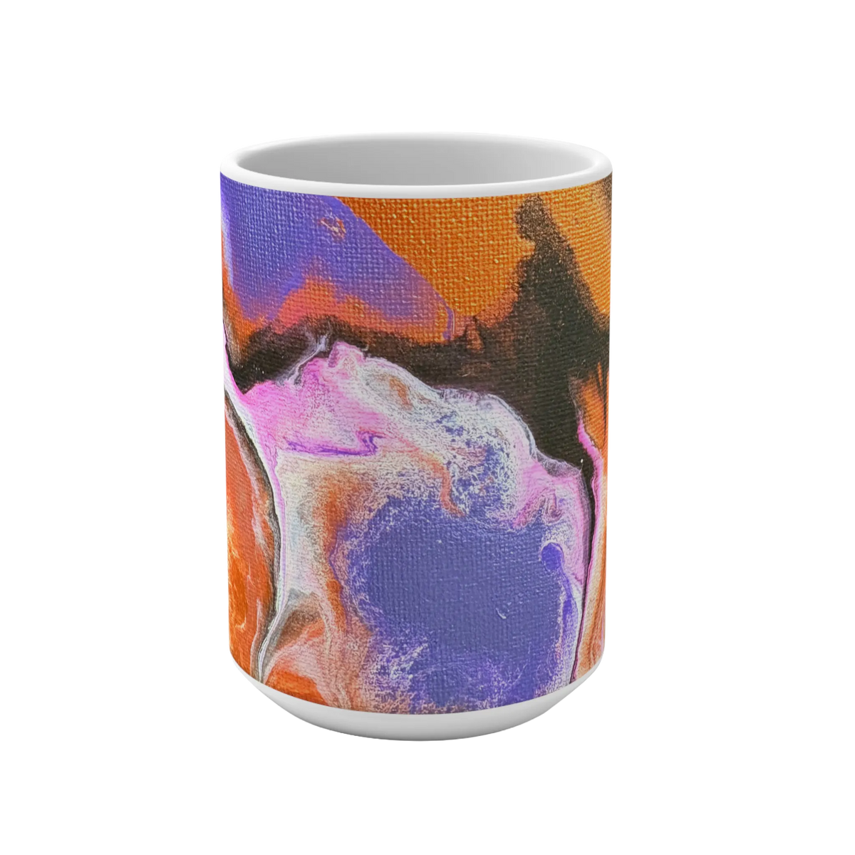 White mug with orange, purple, pink, cream, and black abstract artwork, front view with handle hidden.