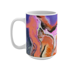 White mug with flowing orange, purple, pink, cream, and black abstract artwork, handle on the left.