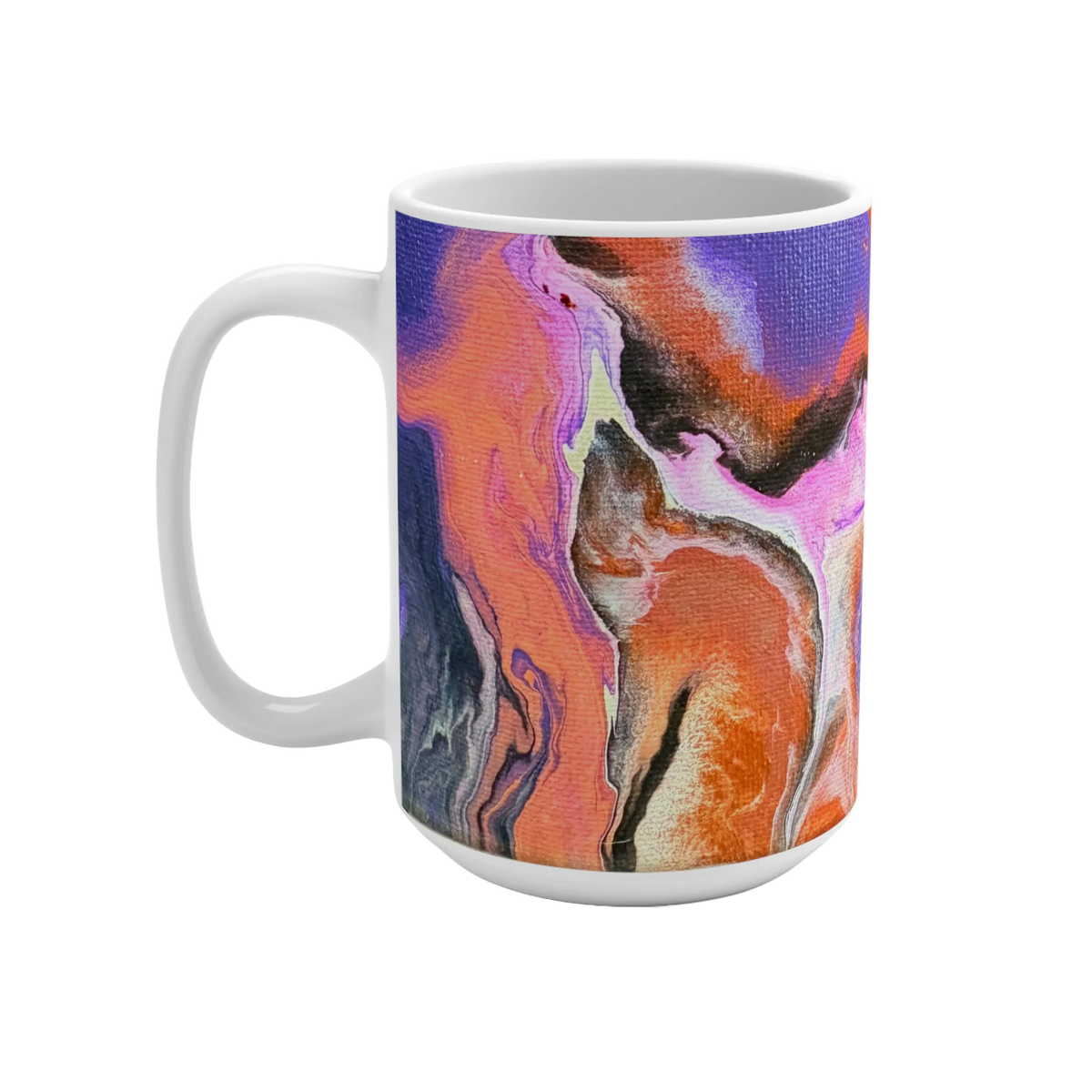 White mug with flowing orange, purple, pink, cream, and black abstract artwork, handle on the left.