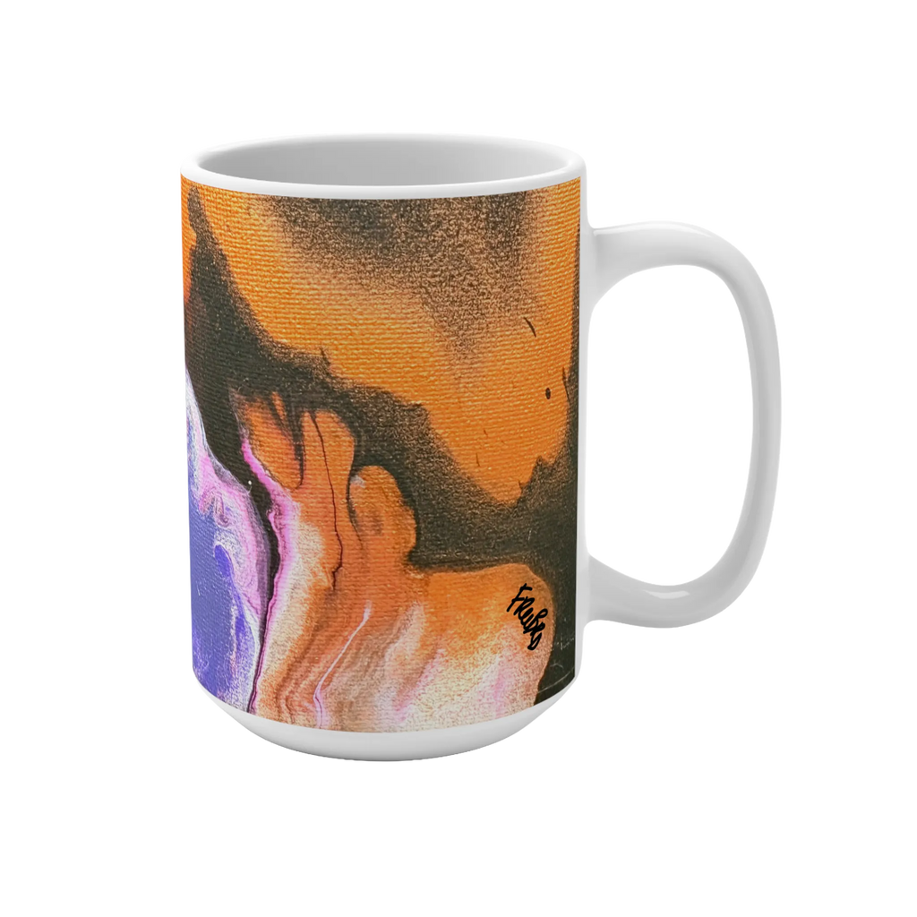 White mug with orange and black abstract artwork, pink and purple accents, and an artist signature, handle on the right.