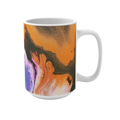 White mug with orange and black abstract artwork, pink and purple accents, and an artist signature, handle on the right.