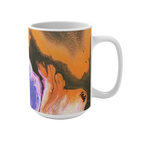 White mug with orange and black abstract artwork, pink and purple accents, and an artist signature, handle on the right.