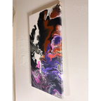 Mune Walk acrylic pour painting viewed at an angle, showing the canvas depth, marbled paint, and handwritten artist lettering along the edge.
