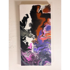 Mune Walk acrylic pour painting with flowing black, rust-orange, violet, pink, gray, and white forms, front view.