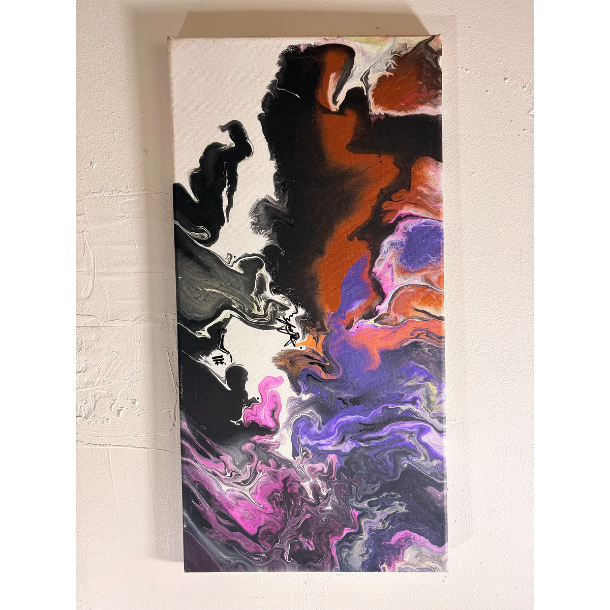 Mune Walk acrylic pour painting with flowing black, rust-orange, violet, pink, gray, and white forms, front view.