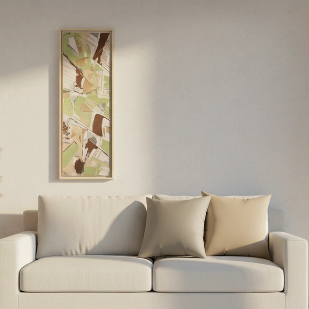 Natural wood framed sage abstract canvas with stardust grey and natural jute faux suede pillows on linen sofa, golden hour lifestyle bundle.