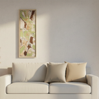 Natural wood framed sage abstract canvas with stardust grey and natural jute faux suede pillows on linen sofa, golden hour lifestyle bundle.