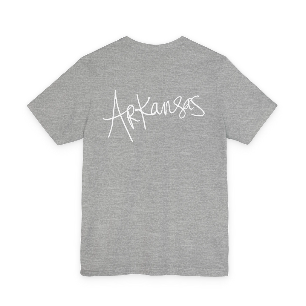 Natural Arkansas tee, athletic heather, bold white handwritten Arkansas script, back view.