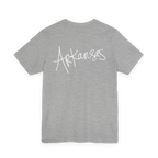 Natural Arkansas tee, athletic heather, bold white handwritten Arkansas script, back view.